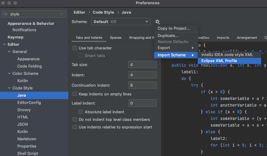 How to import a code style scheme from Eclipse into IntelliJ IDEA